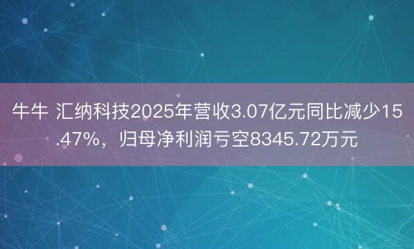 牛牛 汇纳科技2025年营收3.07亿元同比减少15.47%，归母净利润亏空8345.72万元